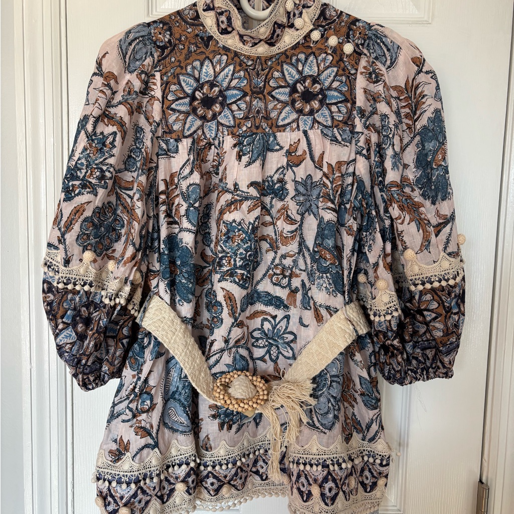 Zimmermann Blue And Cream Embroidered Blouse